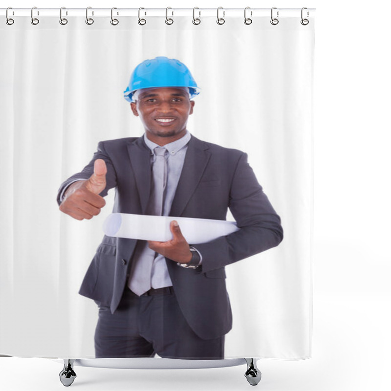 Personality  African American Architect  Making Thumbs Up Isolated On White B Shower Curtains