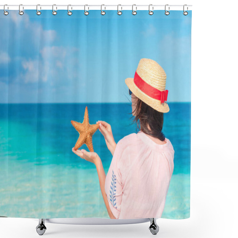 Personality  Young Woman With Starfish On White Beach In The Nature Reserve Shower Curtains