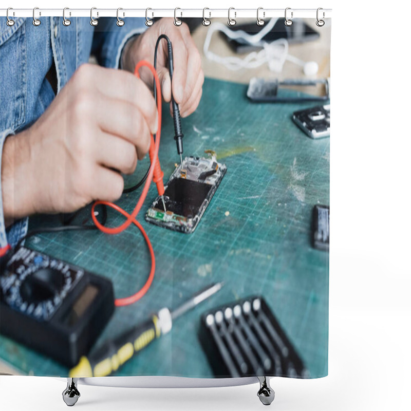 Personality  Cropped View Of Repairman Holding Multimeter Sensors On Disassembled Part Of Mobile Phone On Blurred Foreground Shower Curtains