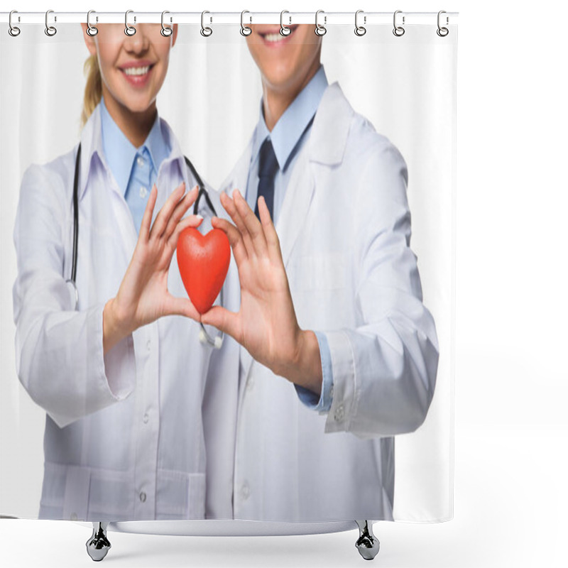 Personality  Cropped View Of Two Doctors In White Coats Holding Red Heart, Isolated On White Shower Curtains