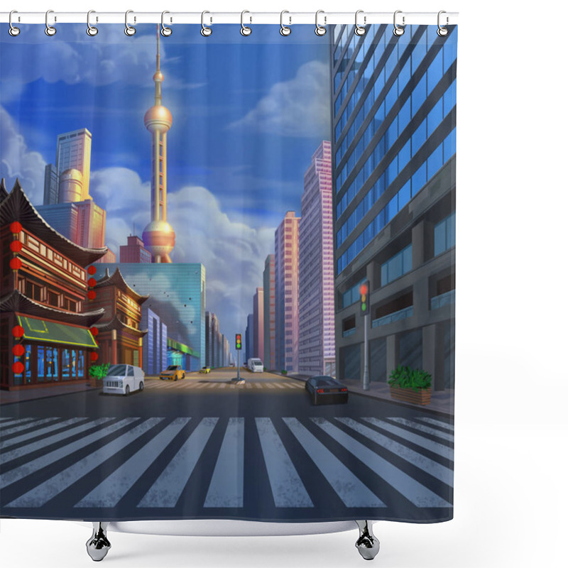 Personality  China ShangHai Street Realistic Country City Area Painting Series. Video Game's Digital CG Artwork, Concept Illustration, Realistic Cartoon Style Scene Design Shower Curtains