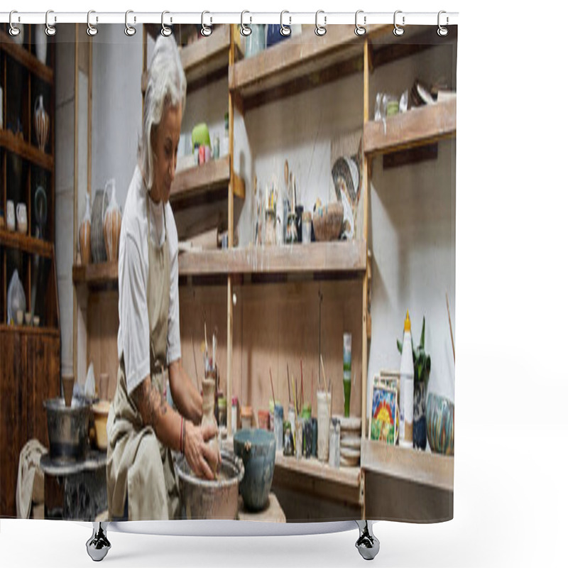 Personality  An Accomplished Artisan Passionately Molds Clay On A Pottery Wheel In Her Inviting Workspace. Shower Curtains