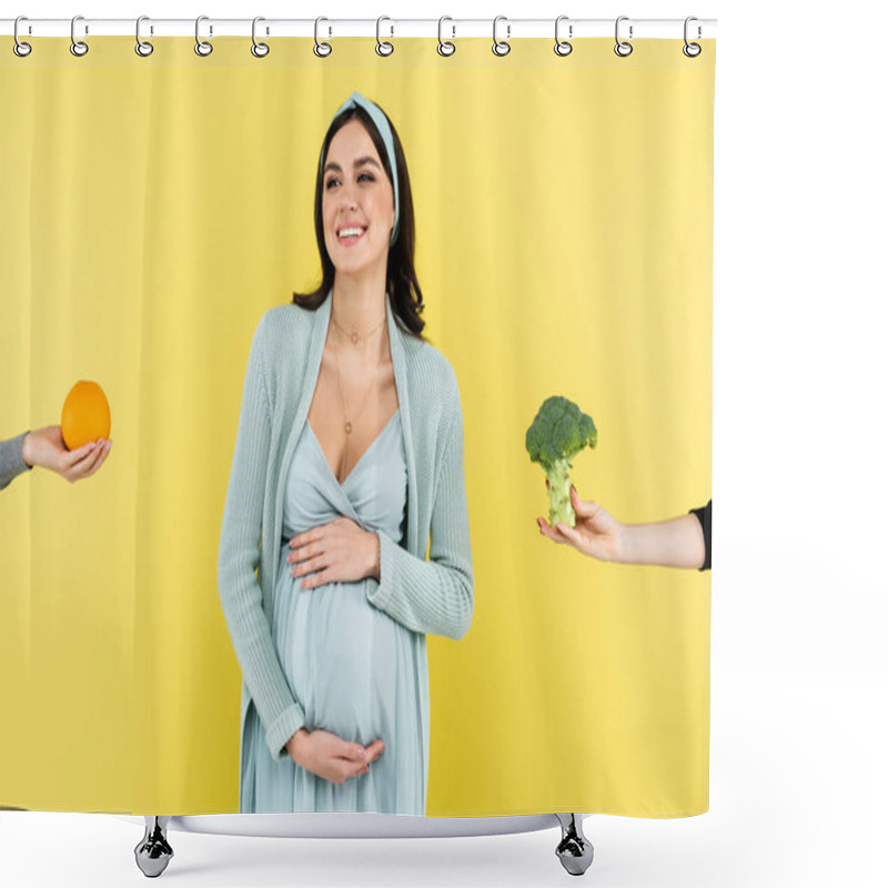 Personality  Young Pregnant Woman Smiling Near Fresh Orange And Broccoli Isolated On Yellow Shower Curtains