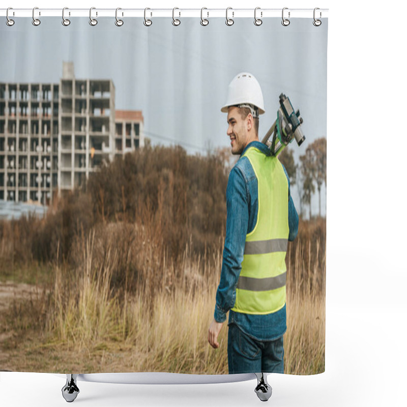 Personality  Surveyor Holding Digital Level With Field And Construction Site At Background Shower Curtains