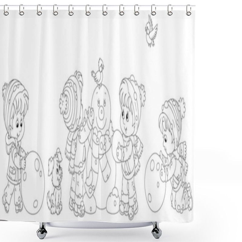 Personality  Happy Little Kids Making Big Snow Balls And Sculpting A Friendly Smiling Funny Snowman With A Striped Scarf, Black And White Vector Cartoon Illustration For A Coloring Book Page Shower Curtains