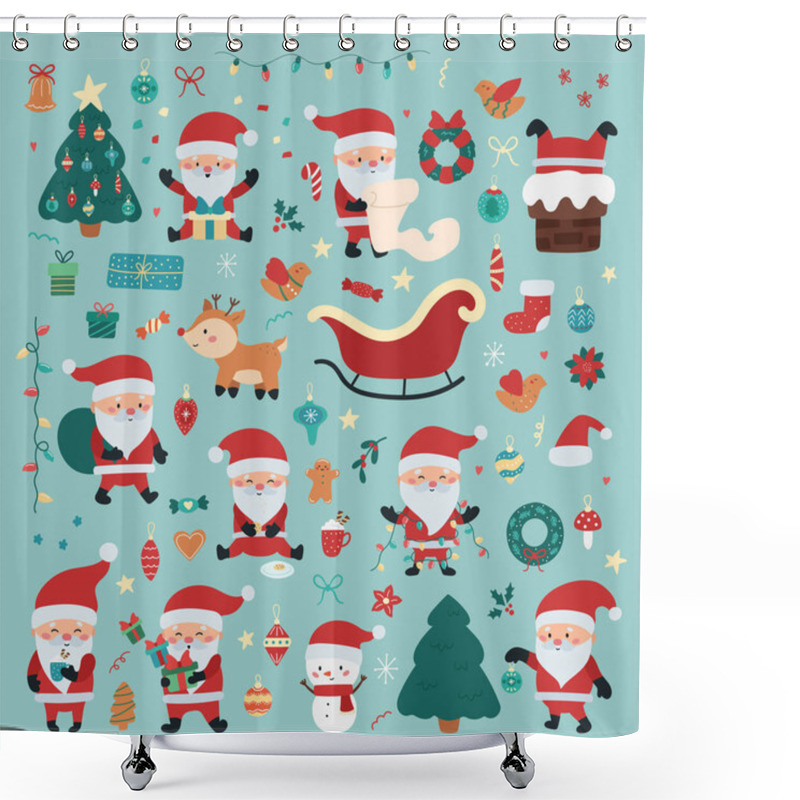 Personality  Christmas And New Year Holiday Set With Santa Claus In Different Situations, Presents, Christmas Decorations, Deer And Snowman. Ideal For Print On Postcards And Stickers. Hand Drawn Characters. Shower Curtains