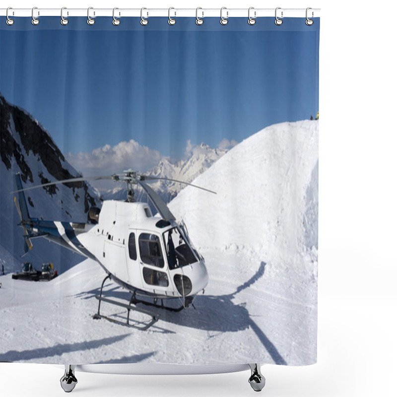 Personality  White Rescue Helicopter Parked In The Mountains Shower Curtains