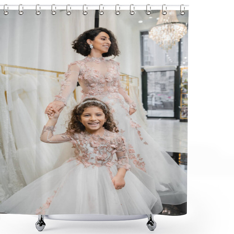 Personality  Middle Eastern Girl In Floral Attire Holding Hands With Cheerful Woman Standing In Wedding Dress Near Blurred White Gown Inside Of Luxurious Bridal Salon, Shopping, Bride-to-be, Mother And Daughter  Shower Curtains