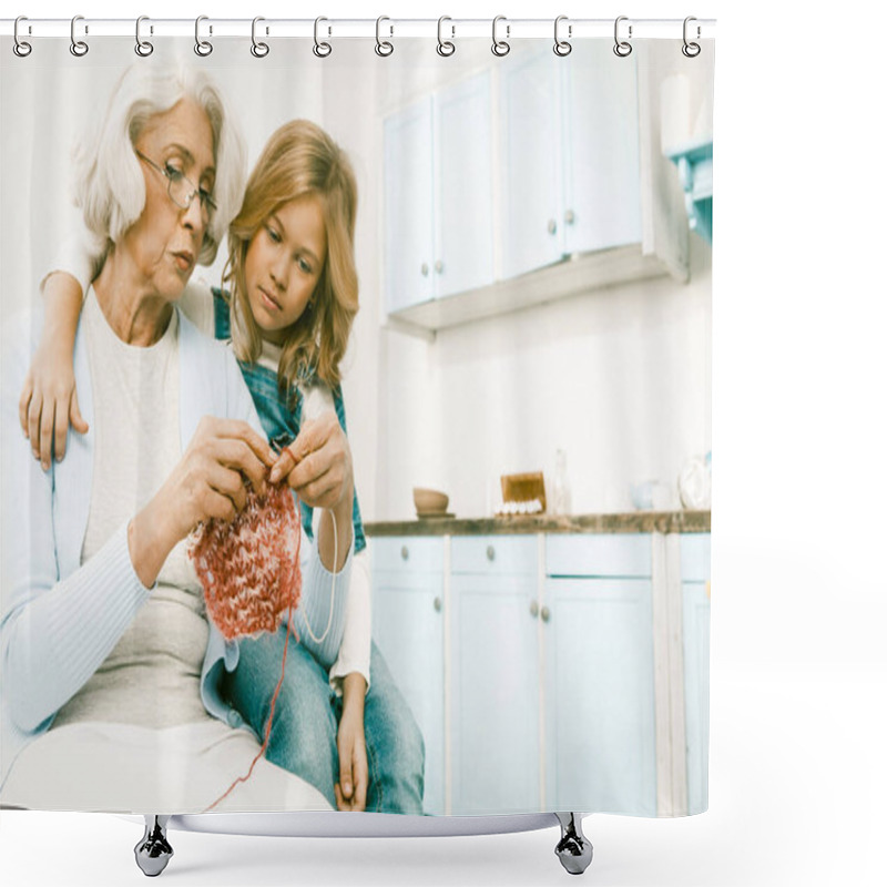 Personality  White Haired Grandmother Show Granddaughter How To Knit A Scarf Or Sweater Shower Curtains