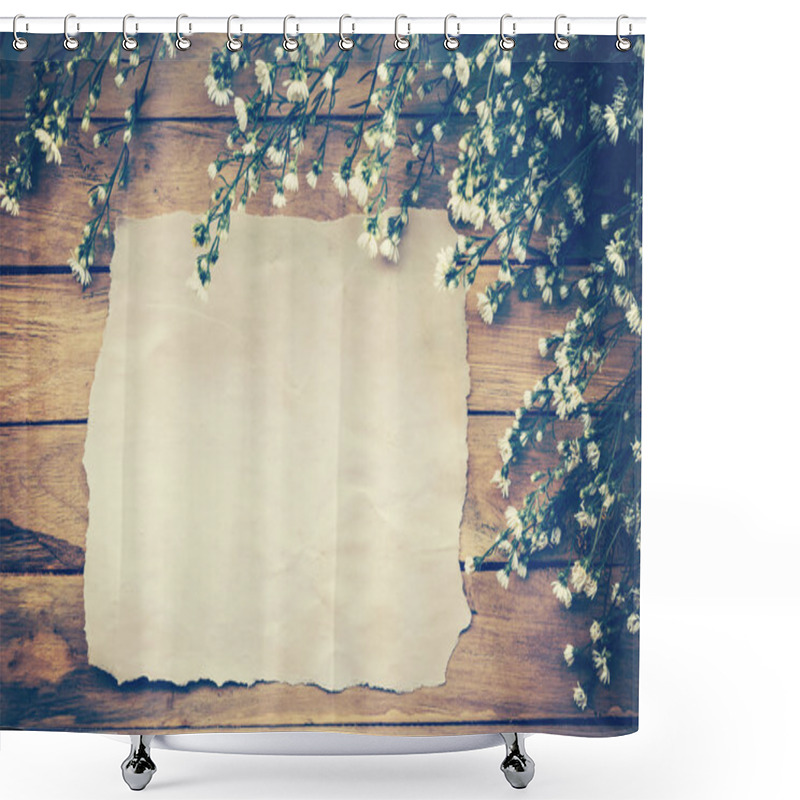 Personality  Flowers And Old Paper On Wood Texture Background With Copyspace. Shower Curtains