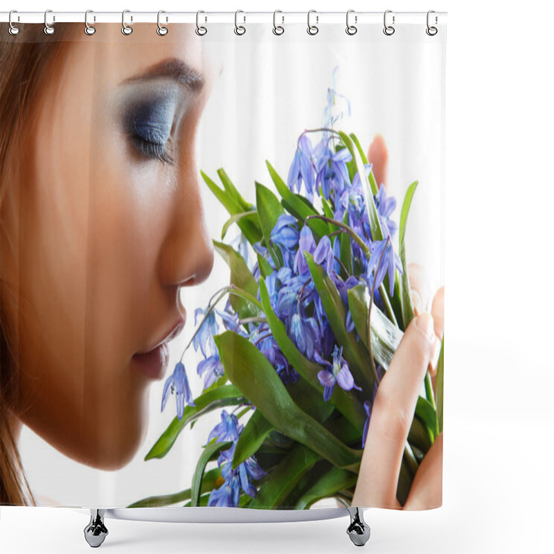 Personality  Beautiful Teen Girl Smell And Enjoy Fragrance Of Snowdrop Flower Shower Curtains