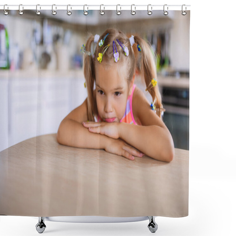 Personality  Little Beautiful Sad Girl Sits At Table Shower Curtains