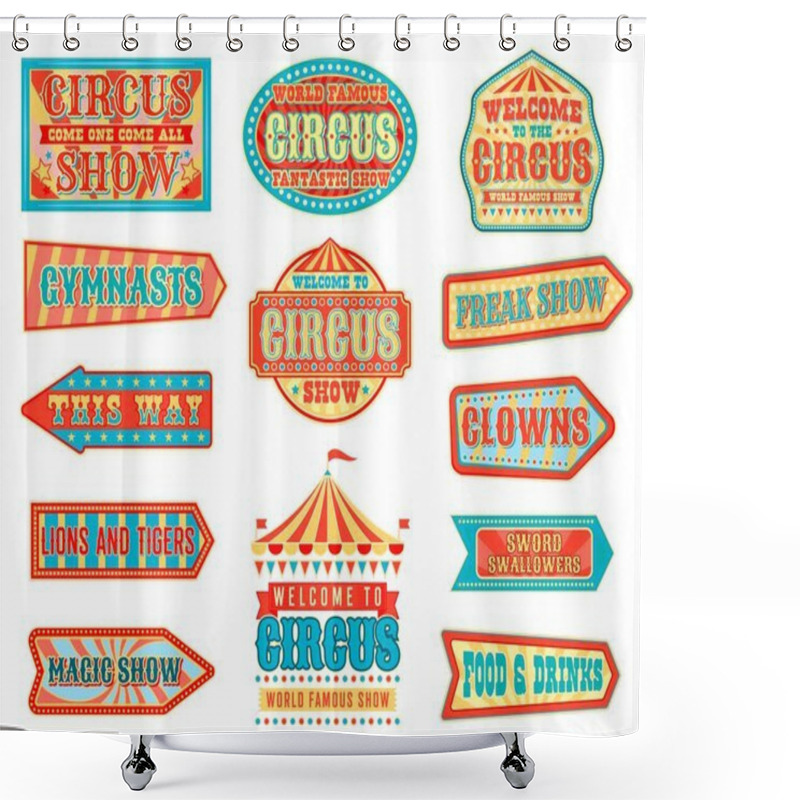 Personality  Circus Pointers And Arrow Signboards Vector Design With Carnival Chapiteau Big Top Tents, Flags, Stars And Striped Pattern Of Marquee. Magic Show, Clowns, Acrobats And Trained Animals Welcome Signs Shower Curtains