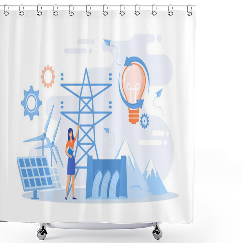 Personality  Scientist With Sustainable Development Ideas Solar Panels, Hydropower, Wind. Sustainable Energy, Future-oriented Energy, Smart Energy System Concept. Flat Vector Modern Illustration Shower Curtains