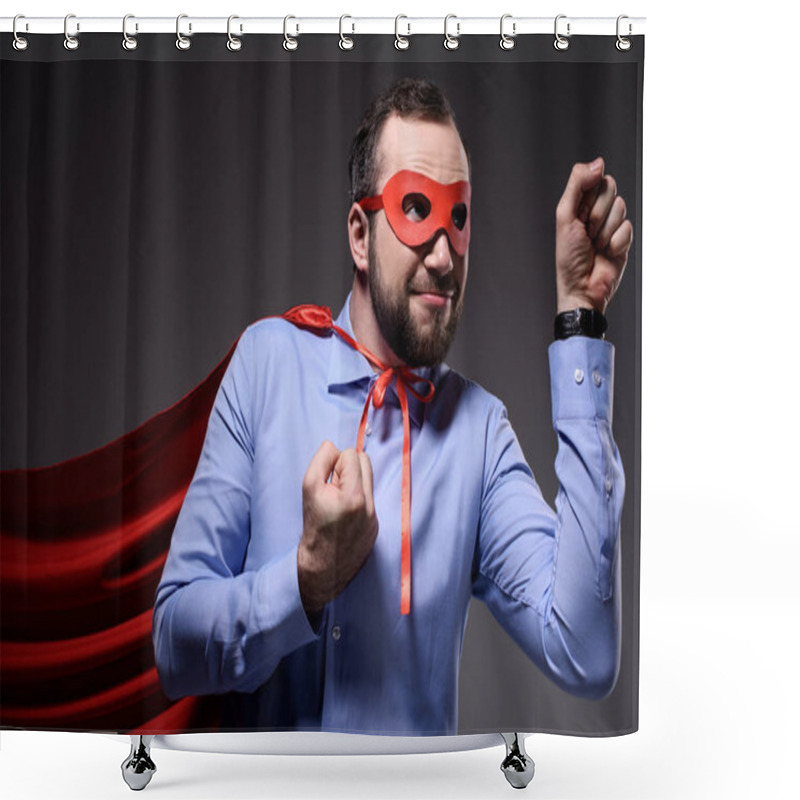 Personality  Smiling Handsome Super Businessman In Mask And Cape Showing Fists Isolated On Black Shower Curtains