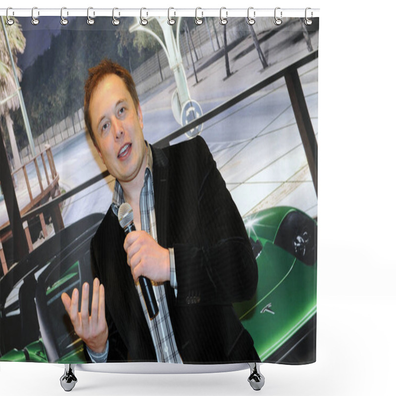 Personality  Milan - Italy January 28,2019 Elon Mask Owner Of Tesla Electric Car On The Presentation Shower Curtains