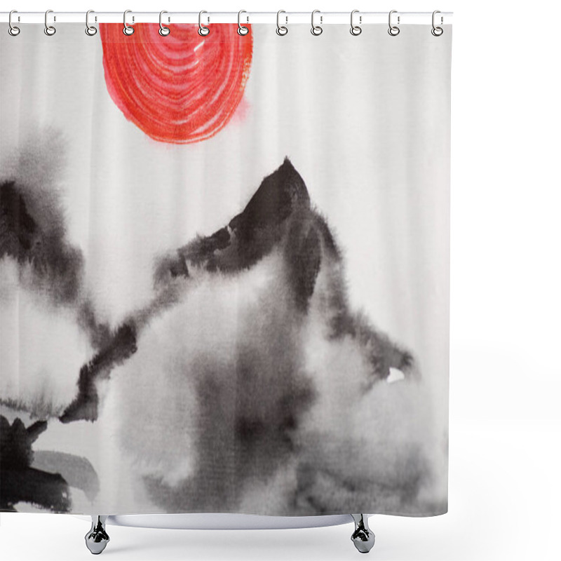 Personality  Japanese Painting With Hills And Red Sun On White  Shower Curtains