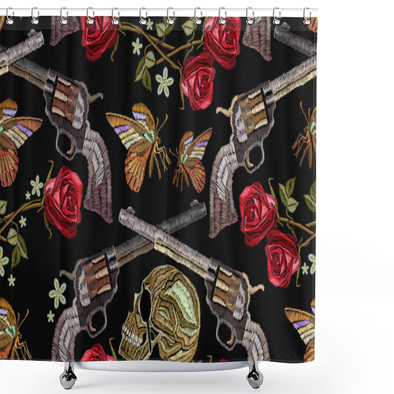 Personality  Embroidery Skull, Crossed Guns, Butterfly And Roses Shower Curtains