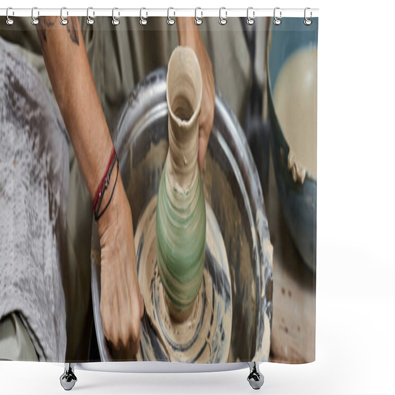 Personality  A Skilled Woman Creates A Beautiful Green Vase On A Pottery Wheel In A Cozy Studio. Shower Curtains