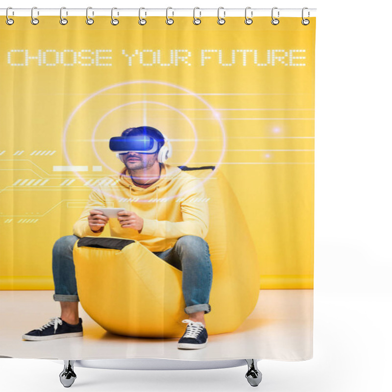 Personality  Man On Bean Bag Chair In Virtual Reality Headset On Yellow With Cyberspace Illustration And Choose Your Future Lettering Shower Curtains