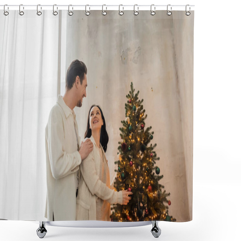 Personality  Happily Married Couple In Soft Home Wear Decorating Christmas Tree In Modern Apartment, Holiday Shower Curtains