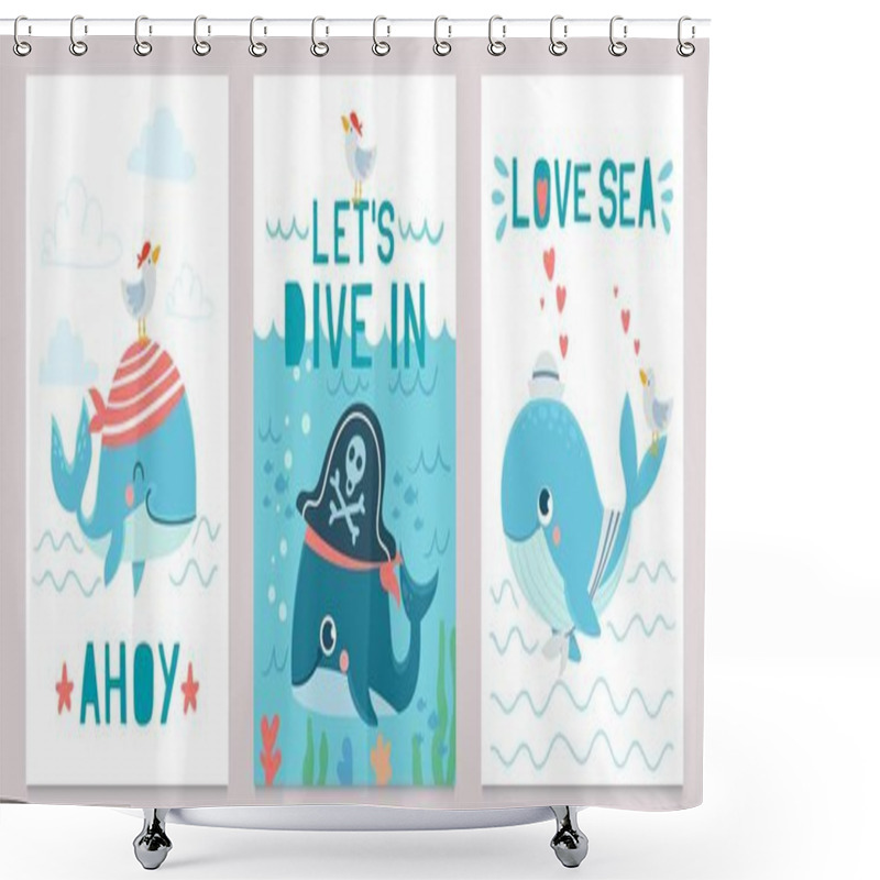 Personality  Whale Card. Cute Marine Animals Blue Whales, Happy Orca For Baby Shower Design, Childrens Clothes Print, Invitation Cards Vector Set Shower Curtains