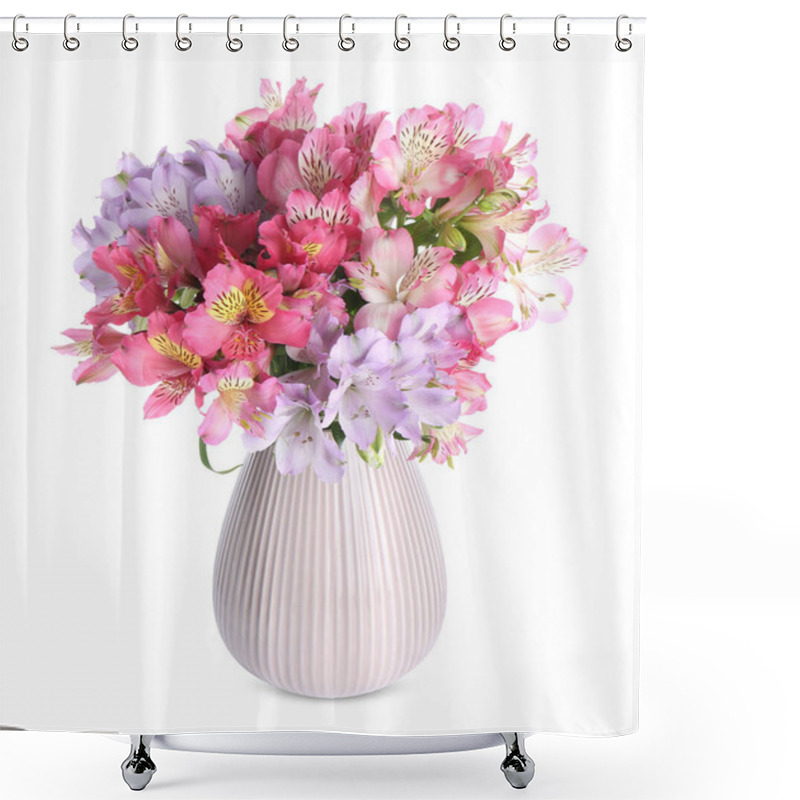 Personality  Beautiful Alstroemeria Flowers In Vase Isolated On White Shower Curtains