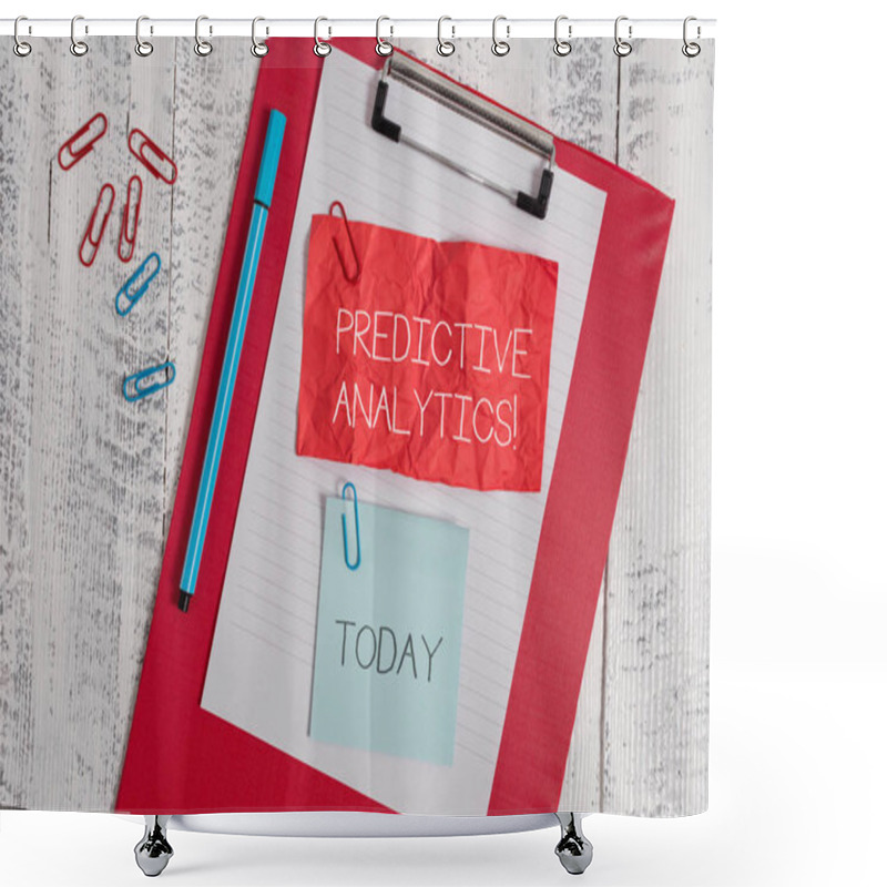 Personality  Word Writing Text Predictive Analytics. Business Concept For Optimize Collection Achieve CRM Identify Customer Clipboard Paper Sheet Crushed Sticky Note Clip Marker Wooden Background. Shower Curtains