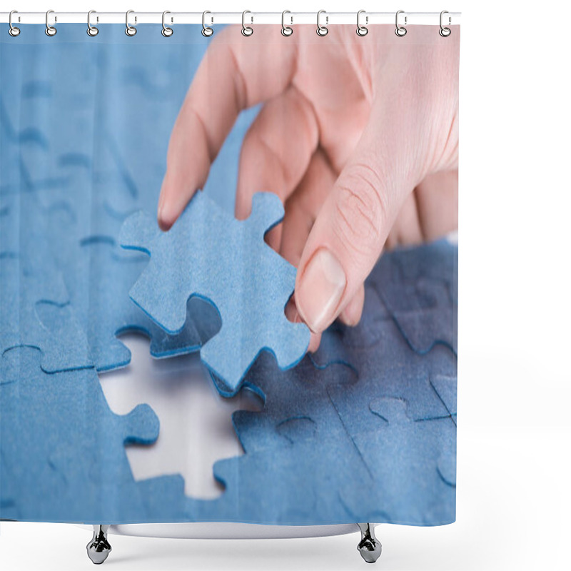 Personality  Cropped Image Of Businesswoman Inserting Last Missing Puzzle, Business Concept Shower Curtains