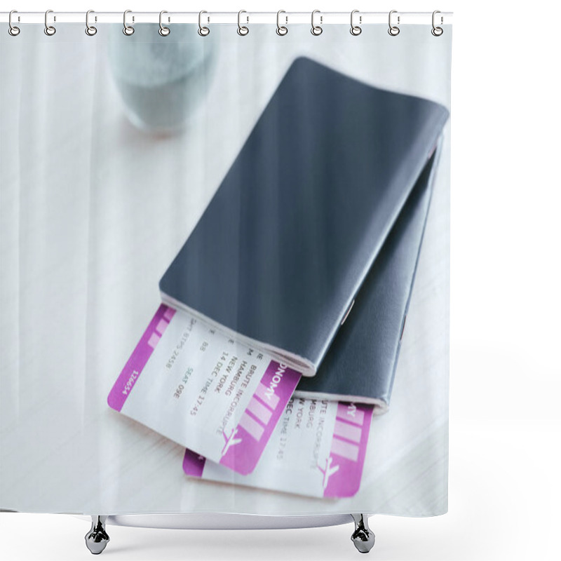 Personality  Close Up Of Passports With Tickets On Desk  Shower Curtains