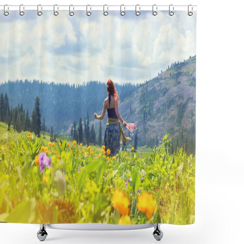 Personality  Happy Young Red Hair Woman Running And Dancing On The Flowers Field Into The Mountains. Happy Travel Concept. Mountain Trekking. Woman In Harmony With Nature. Shower Curtains