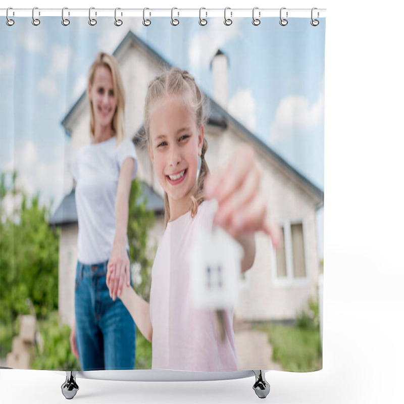 Personality  Happy Little Child Holding Hand Of Mother And Showing Key From Their New House  Shower Curtains