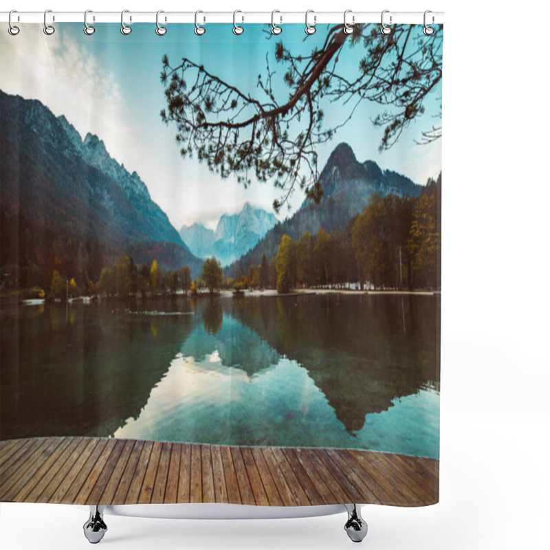 Personality  Jasna Lake With Beautiful Reflections Of The Mountains And Wooden Pier. Triglav National Park, Slovenia Shower Curtains