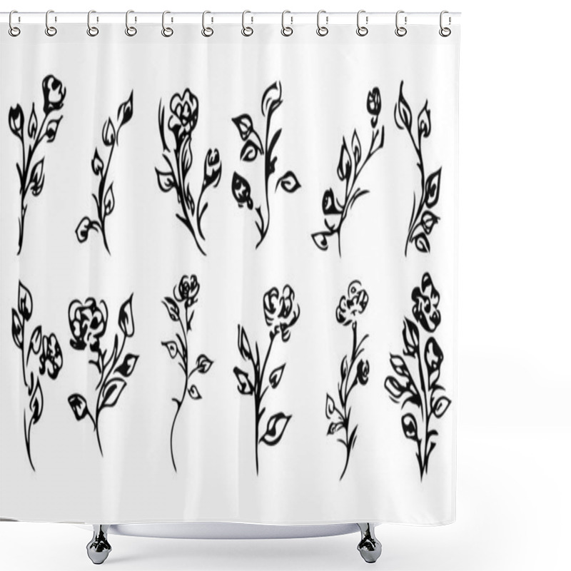 Personality  Flowers And Branches Isolated On White Background. Hand Drawn Doodle Collection. 12 Floral Graphic Elements. Big Vector Set. Outline Set Shower Curtains