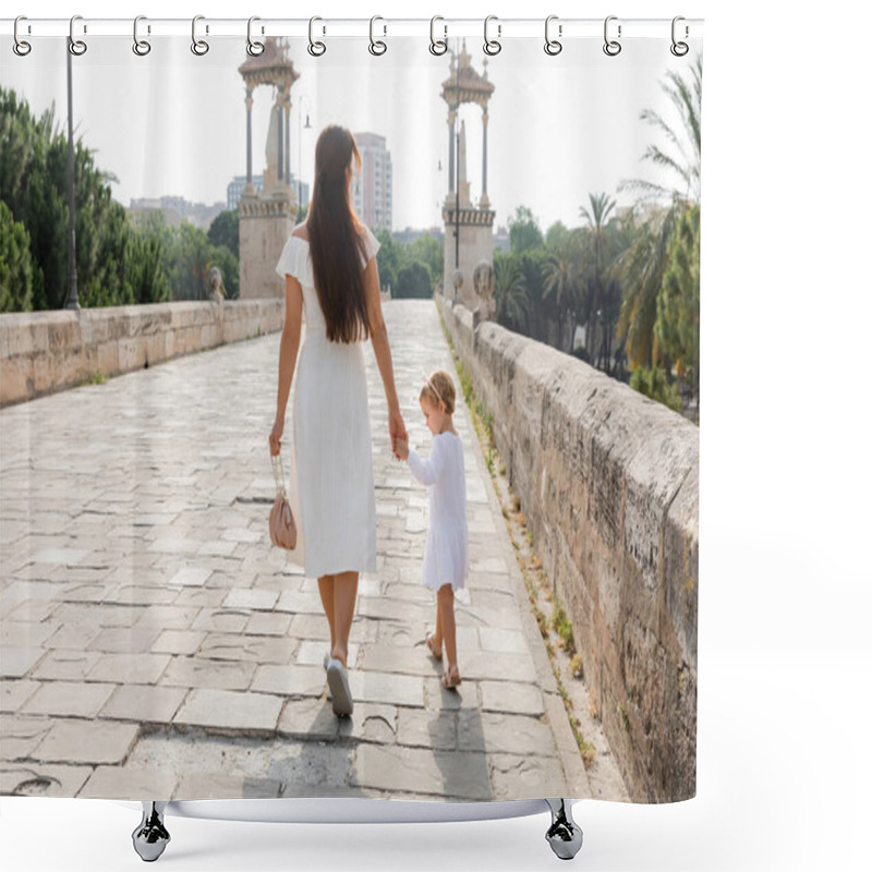 Personality  Woman In Dress Holding Hand Of Toddler Daughter While Walking On Puente Del Mar Bridge In Valencia Shower Curtains