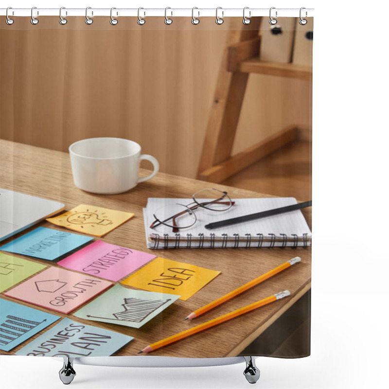 Personality  Paper Stickers With Business Strategy And Cup Of Coffee On Tabletop Shower Curtains