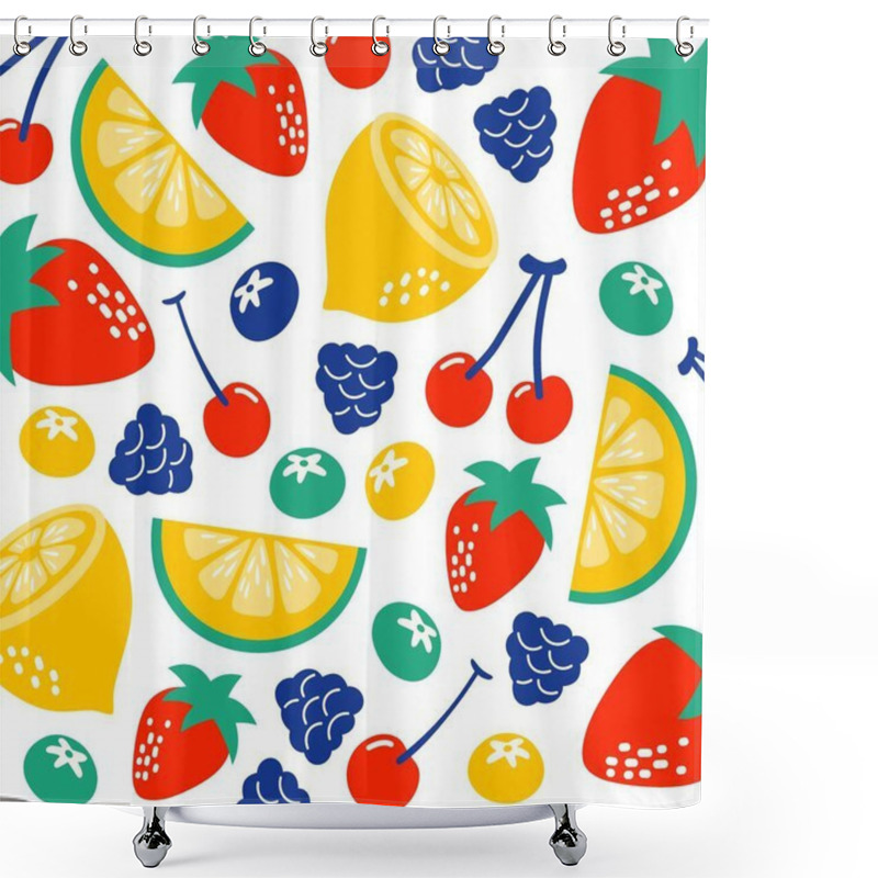 Personality  Strawberries Oranges Cherries Blueberries On A White Background. Bright Summer Fruit Illustration. Fruit Mix Design For Fabric And Decor. Collection Of Fruits. Set Of Colorful Cartoon Fruit Icons Shower Curtains