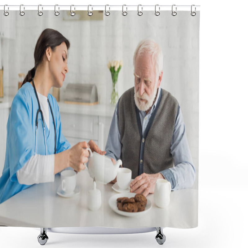 Personality  Nurse Pouring Tea For Senior Man, Sitting On Kitchen At Home Shower Curtains