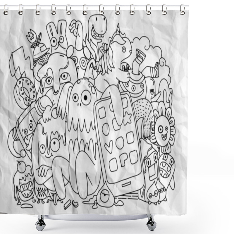 Personality  Cute  Monsters Group ,Set Of Funny Cute Monsters, Aliens Or Fantasy Animals For For The Design Of Coloring Books,Hand Drawn Line Art Cartoon Vector Illustration Shower Curtains