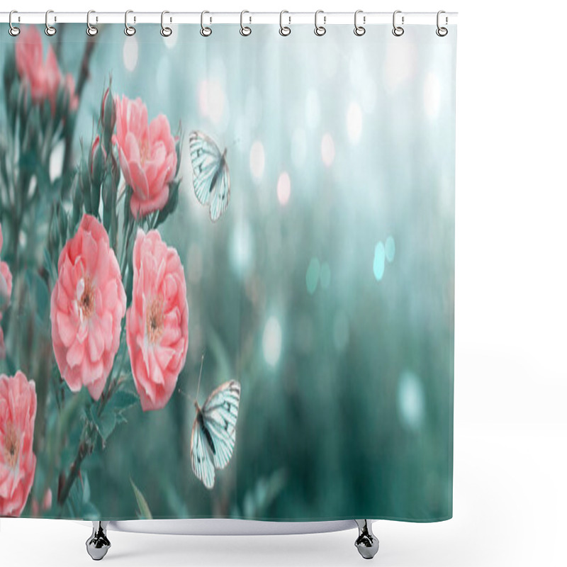 Personality  Mysterious Spring Floral Banner With Blooming Rose Flowers And Butterfly Shower Curtains