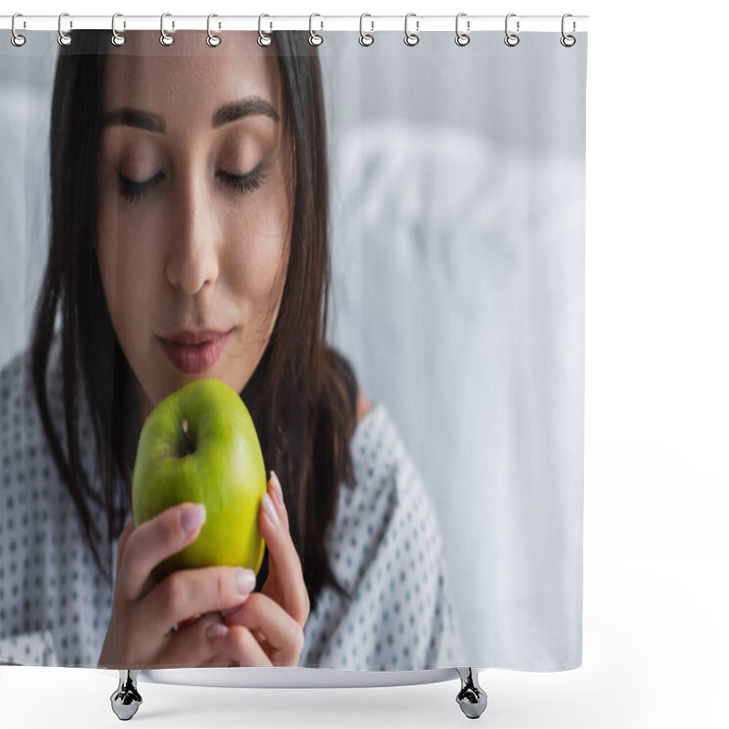 Personality  Brunette Woman Holding Fresh Apple In Hands Shower Curtains