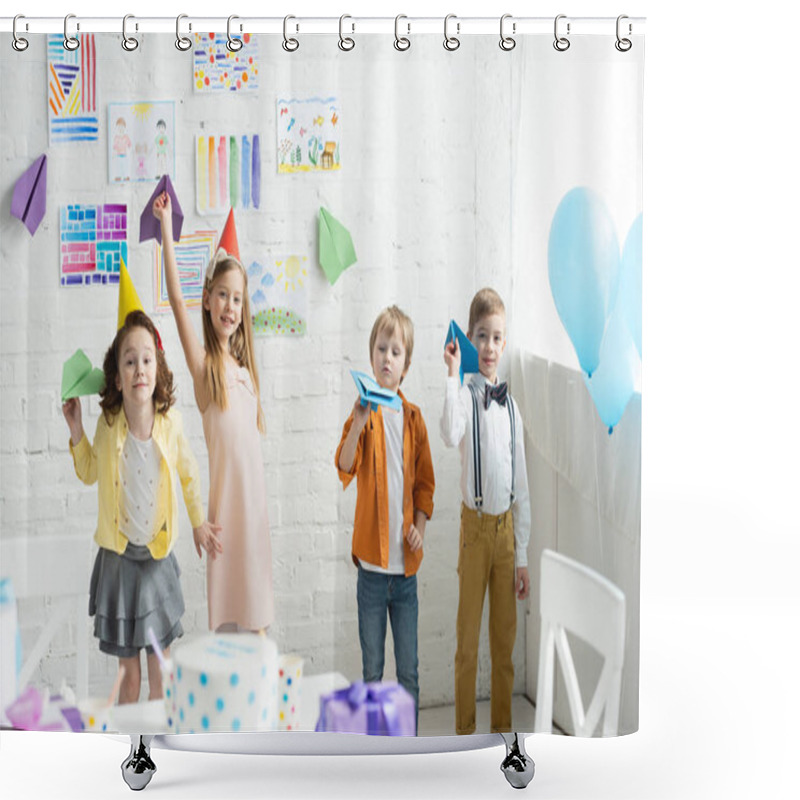 Personality  Adorable Smiling Kids Playing With Paper Planes During Birthday Party At Home Shower Curtains