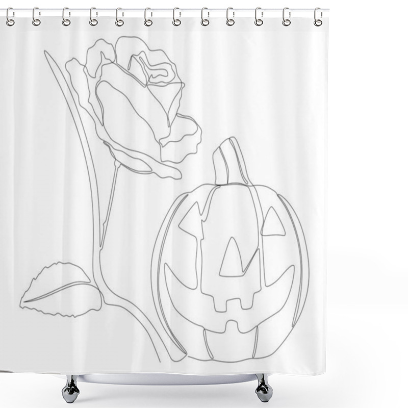 Personality  One Continuous Line Of Jack O' Lantern With Rose Flowers. Thin Line Illustration Vector Concept. Contour Drawing Creative Ideas. Shower Curtains