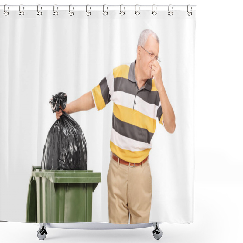 Personality  Senior Throwing Away Bag Of Trash Shower Curtains