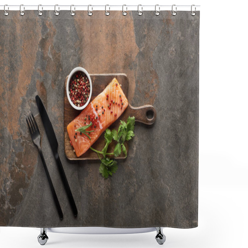 Personality  Top View Of Raw Fresh Salmon With Peppercorns, Parsley On Wooden Cutting Board Near Cutlery Shower Curtains