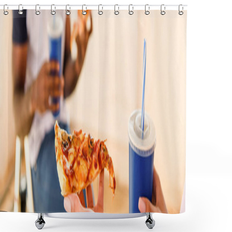 Personality  Partial View Of Couple Having Lunch With Soda And Pizza  Shower Curtains