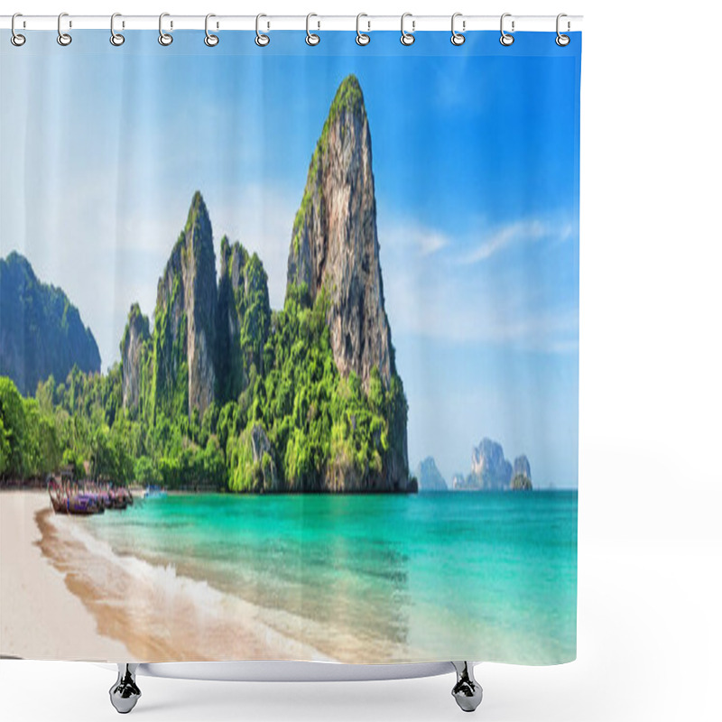 Personality  Panorama Of Beautiful Sand Railay Beach And Thai Traditional Wooden Longtail Boat In Krabi Province. Ao Nang, Thailand. Shower Curtains