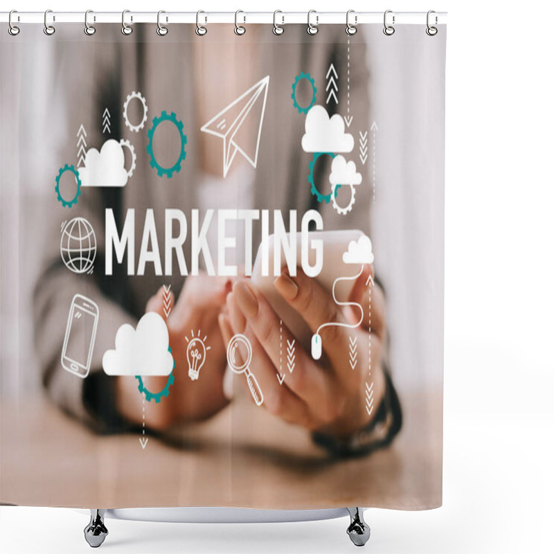 Personality  Cropped View Of Businesswoman Using Smartphone In Office With Marketing Icons Shower Curtains