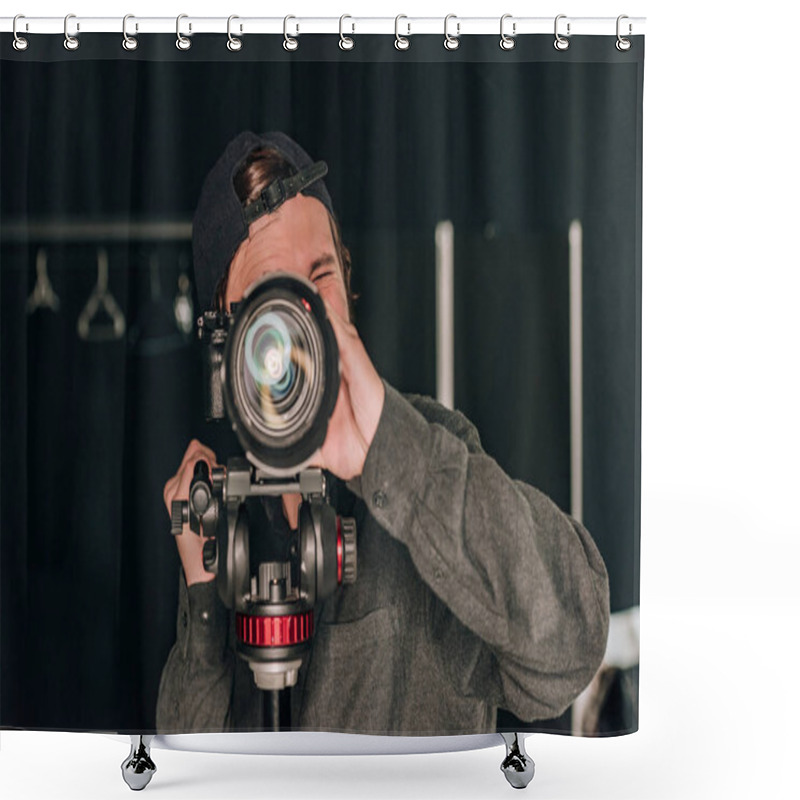 Personality  Videographer Looking Through Camera While Working In Photo Studio Shower Curtains