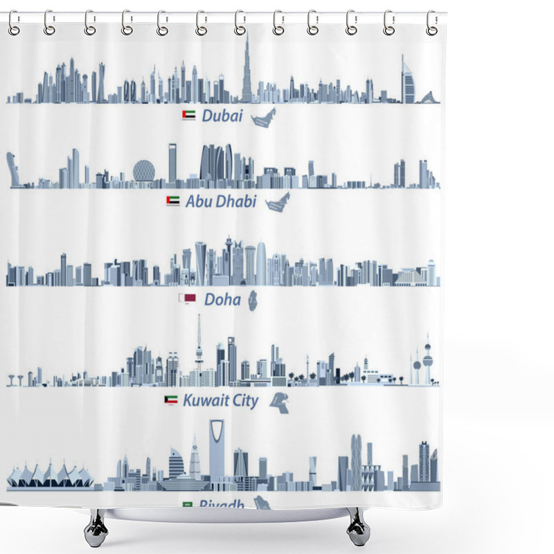 Personality  Abstract Vector Illustrations Of Dubai, Abu Dhabi, Doha, Riyadh And Kuwait City Skylines In Tints Of Blue Color Palette With Flags And Maps Of United Arab Emirates, Qatar, Kuwait And Saudi Arabia Shower Curtains